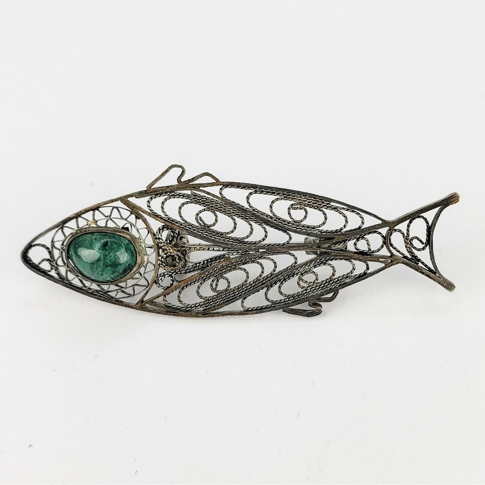 Vintage Fish Brooch Pin 925 Sterling Silver Malachite Filigree Made in Israel